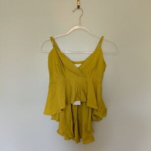 Line & Dot Yellow Ruffle Top Cropped Asymmetrical Length New Small